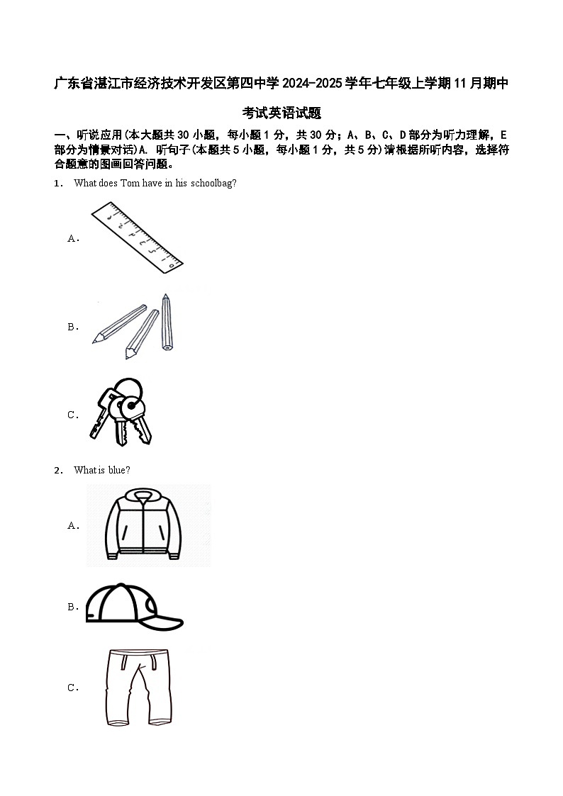 广东省湛江市经济技术开发区第四中学2024-2025学年七年级上学期11月期中考试英语试题第1页