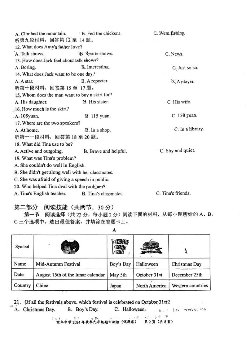 2024~2025学年湖南省永州市京华中学九年级(上)期中英语试卷(无答案)第2页