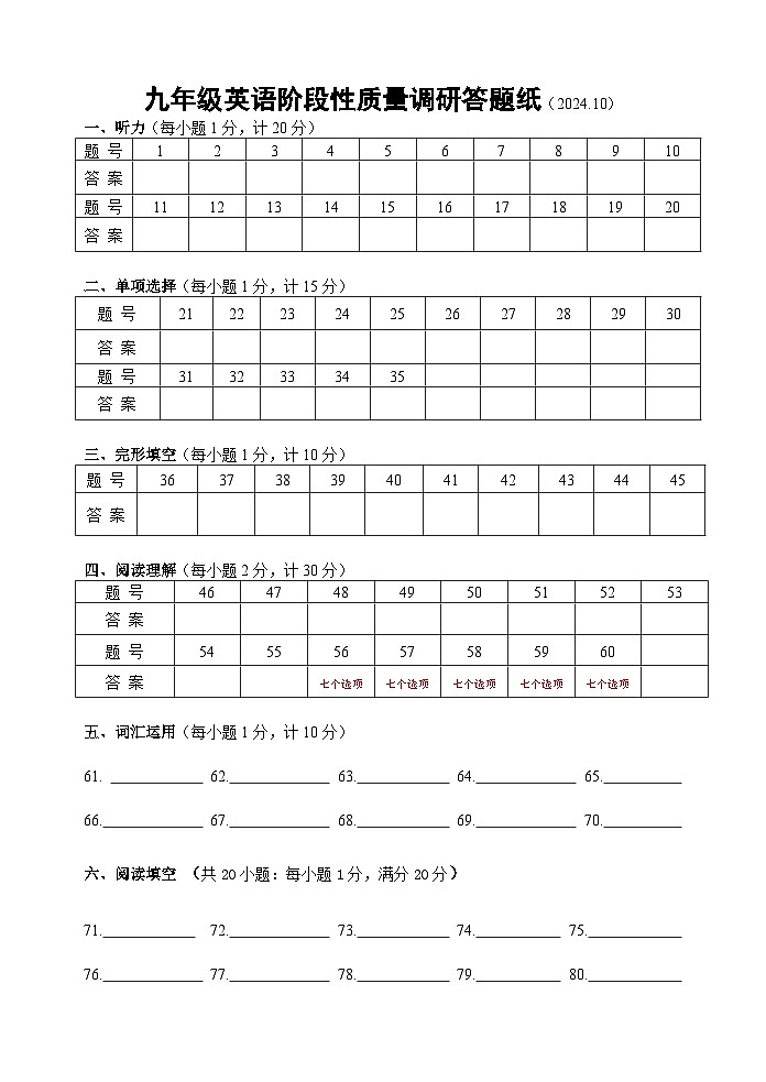 九年级英语阶段性质量调研 答卷纸第1页