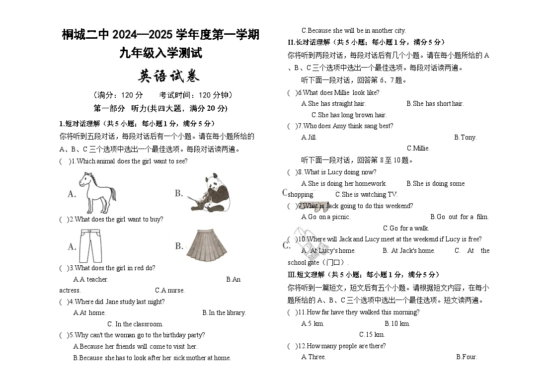 安徽省桐城二中2024—2025学年九年级上学期入学测试 英语试卷