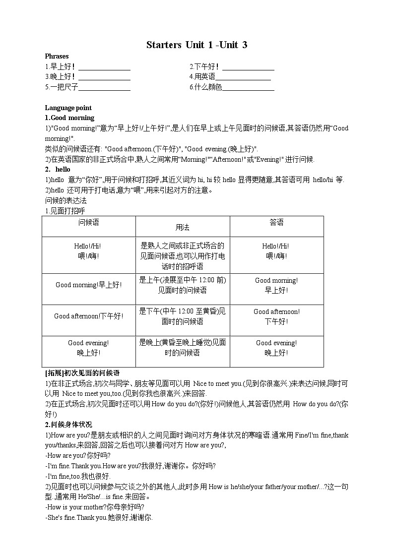 【新人教版(2024)】七年级上册Starter Unit 1 -3知识点梳理+ 练习(含答案)第1页