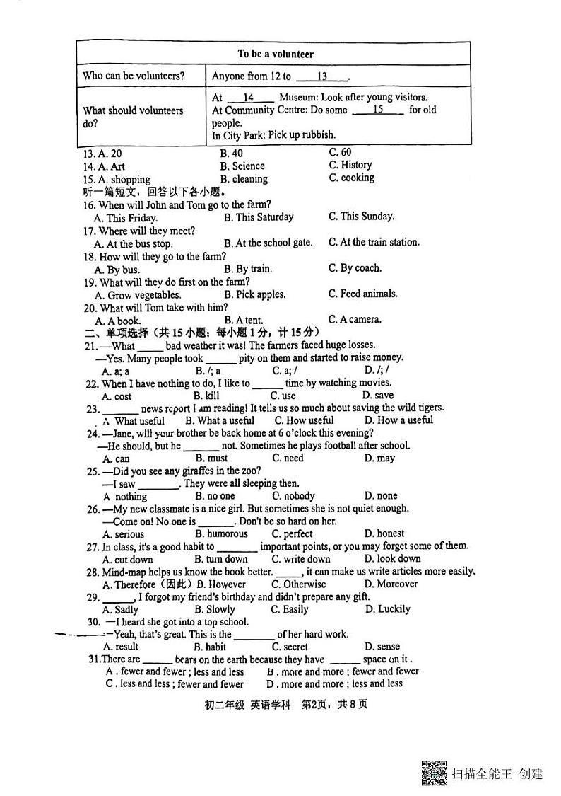 江苏省扬州市梅岭集团2024-2025学年八年级上学期12月月考英语试题第2页