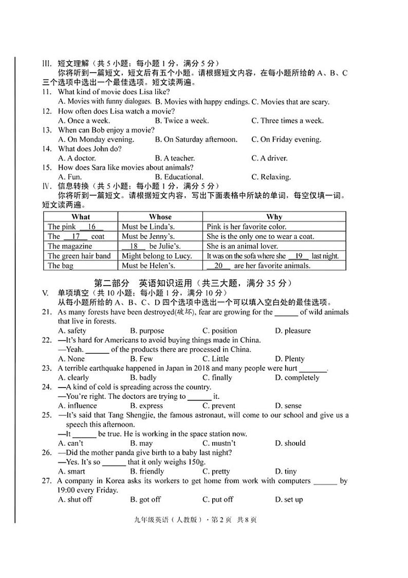 2024~2025学年安徽省宿州市萧县部分学校第三次测评九年级(上)英语试卷(含答案)第2页