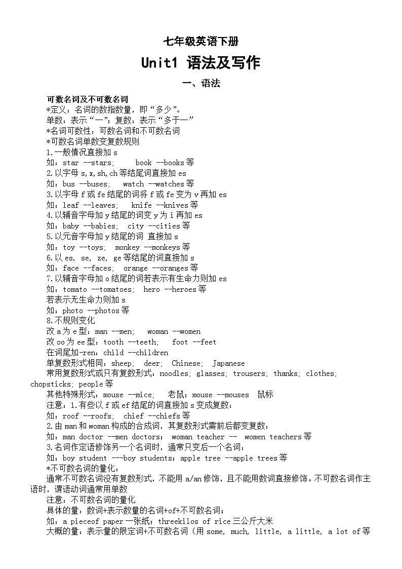 初中英语新人教版七年级下册Unit1 语法和写作知识讲解(2025春)第1页
