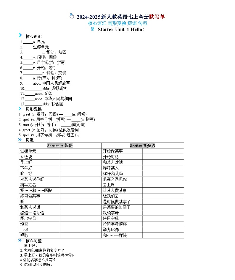 2024-2025新人教英语七上 核心词形变换 核心短语默写单第1页