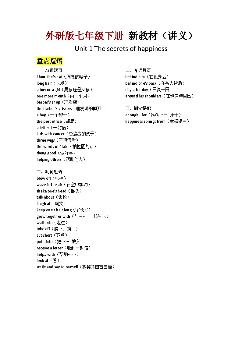 外研版2024七年级英语下册Unit 1 The secrets of happiness:Reading for writing 课文逐句精讲 讲义第1页