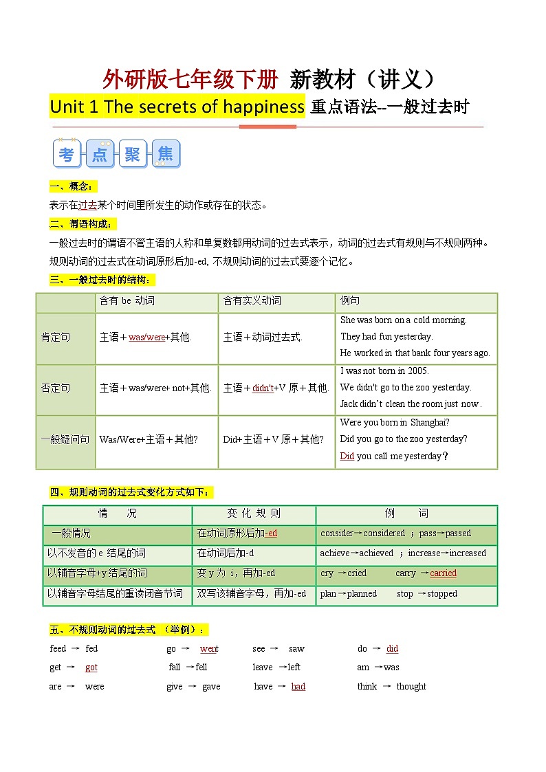 Unit 1 The secrets of happiness--重点语法:一般过去时(教师版)第1页