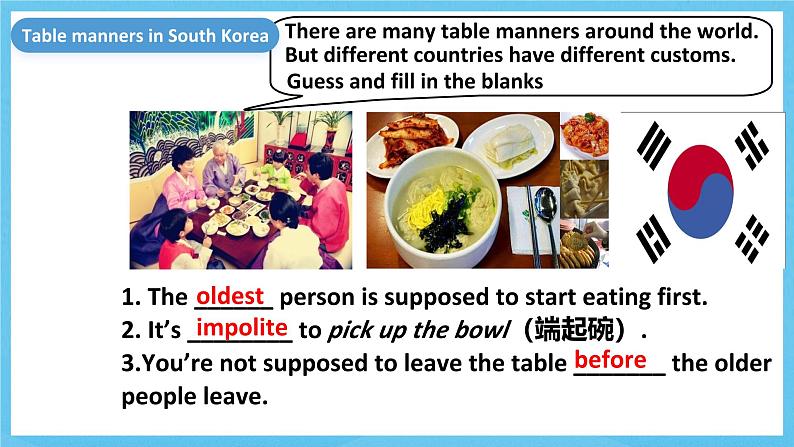 人教版英语九年级全册 Unit 10 You're supposed to shake hands. Section B 1a-1d 听说课课件第6页