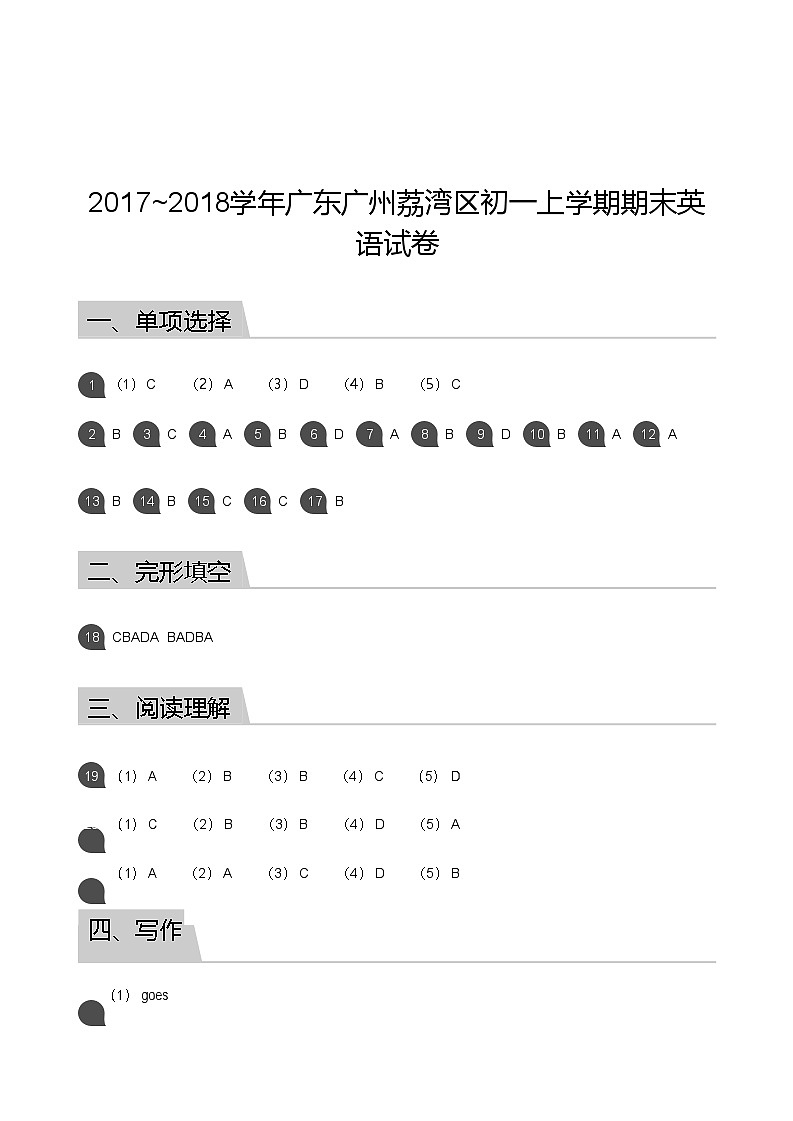 【荔湾区】17-18学年七年级上学期期末英语试卷(答案)第1页