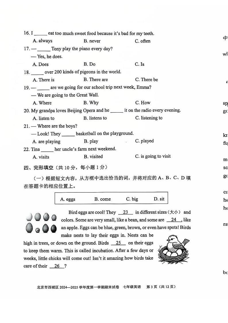 北京市西城区2024-2025学年七年级上学期期期末考试英语试题第3页