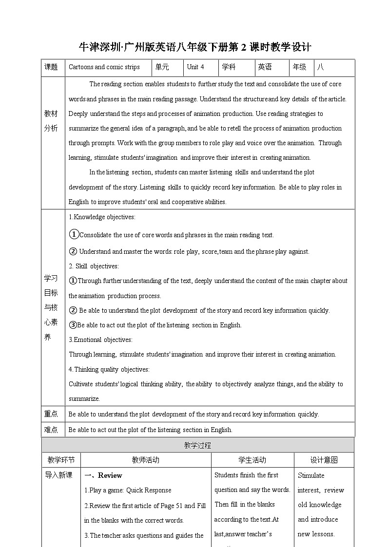 沪教牛津版(六三制)英语八下 Unit 4 《Cartoons and comic strips》第2课时Reading II&Listening教案第1页