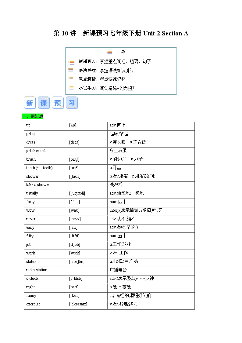 第10讲 新课预习 Unit 2 Section A-【寒假自学课】2025年七年级英语寒假提升学与练（人教版）