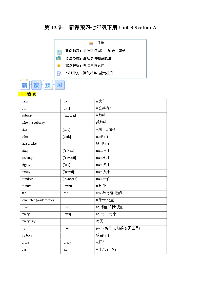 第12讲 新课预习 Unit 3 Section A-【寒假自学课】2025年七年级英语寒假提升学与练（人教版）