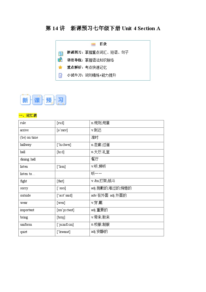 第14讲 新课预习 Unit 4 Section A-【寒假自学课】2025年七年级英语寒假提升学与练（人教版）