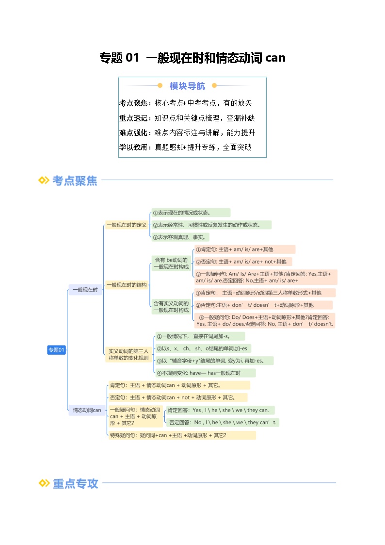 第01讲 一般现在时和情态动词can-【寒假自学课】2025年七年级英语寒假提升精品讲义（人教版2024）