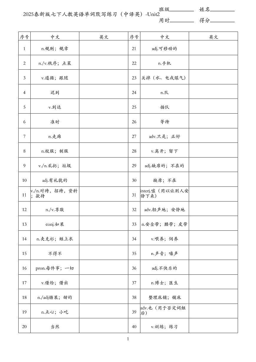 2025春新版七下人教英語單詞默寫練習(xí)(中譯英)-Unit2第1頁