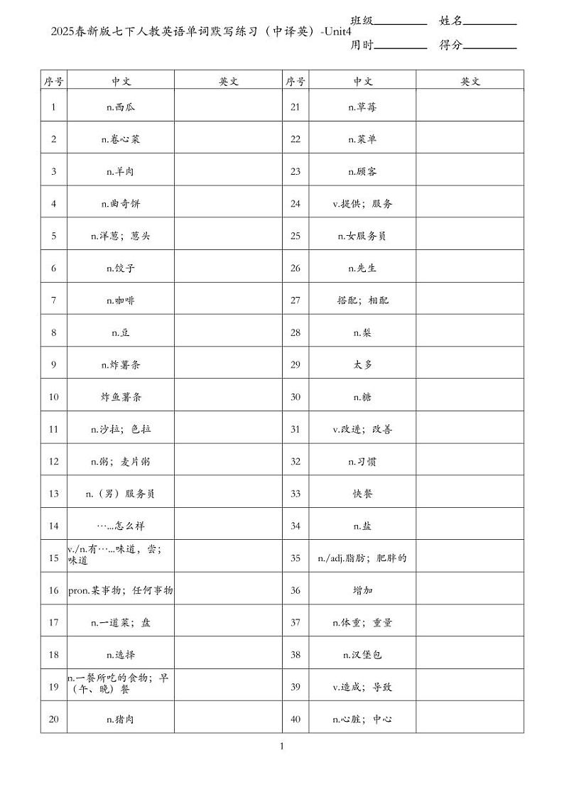 2025春新版七下人教英语单词默写练习(中译英)-Unit4第1页