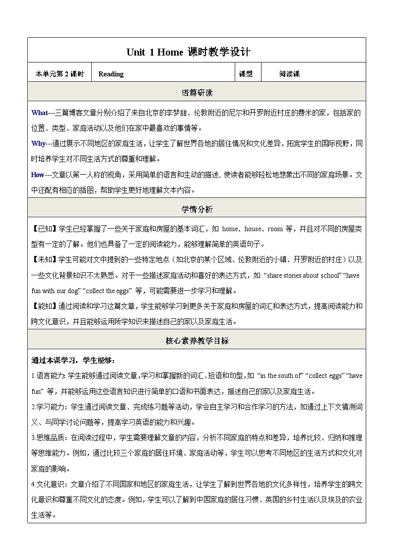 Unit 1 Home 第2课时Reading教学设计第1页
