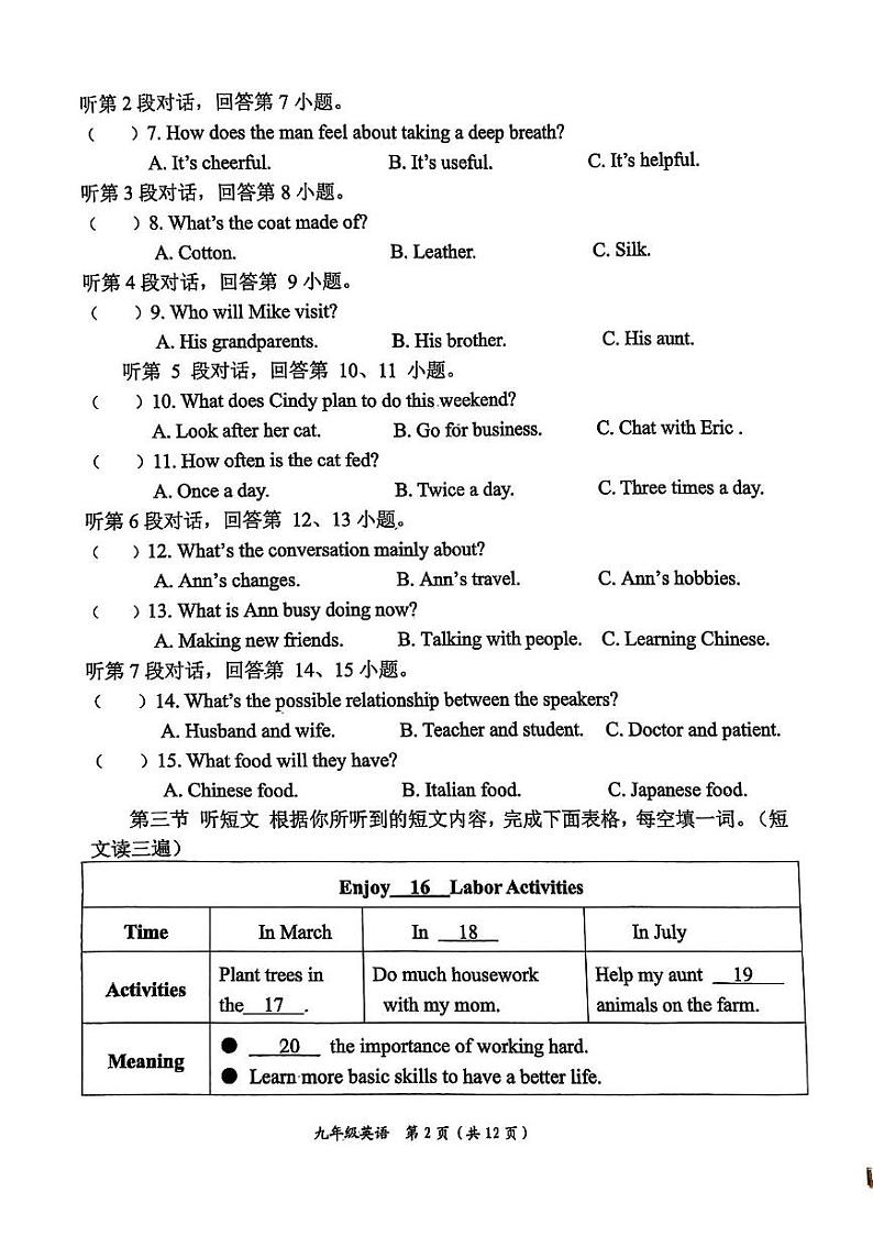 福建省莆田城厢区2024-2025学年上学期九年级英语期末考试卷第2页