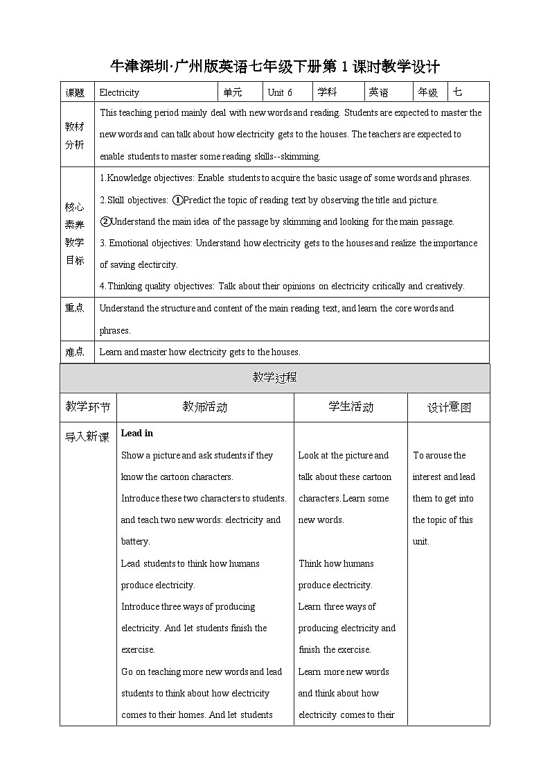 沪教牛津版(六三制)英语七下 Unit 6 《Electricity》 第1课时Reading I教案第1页