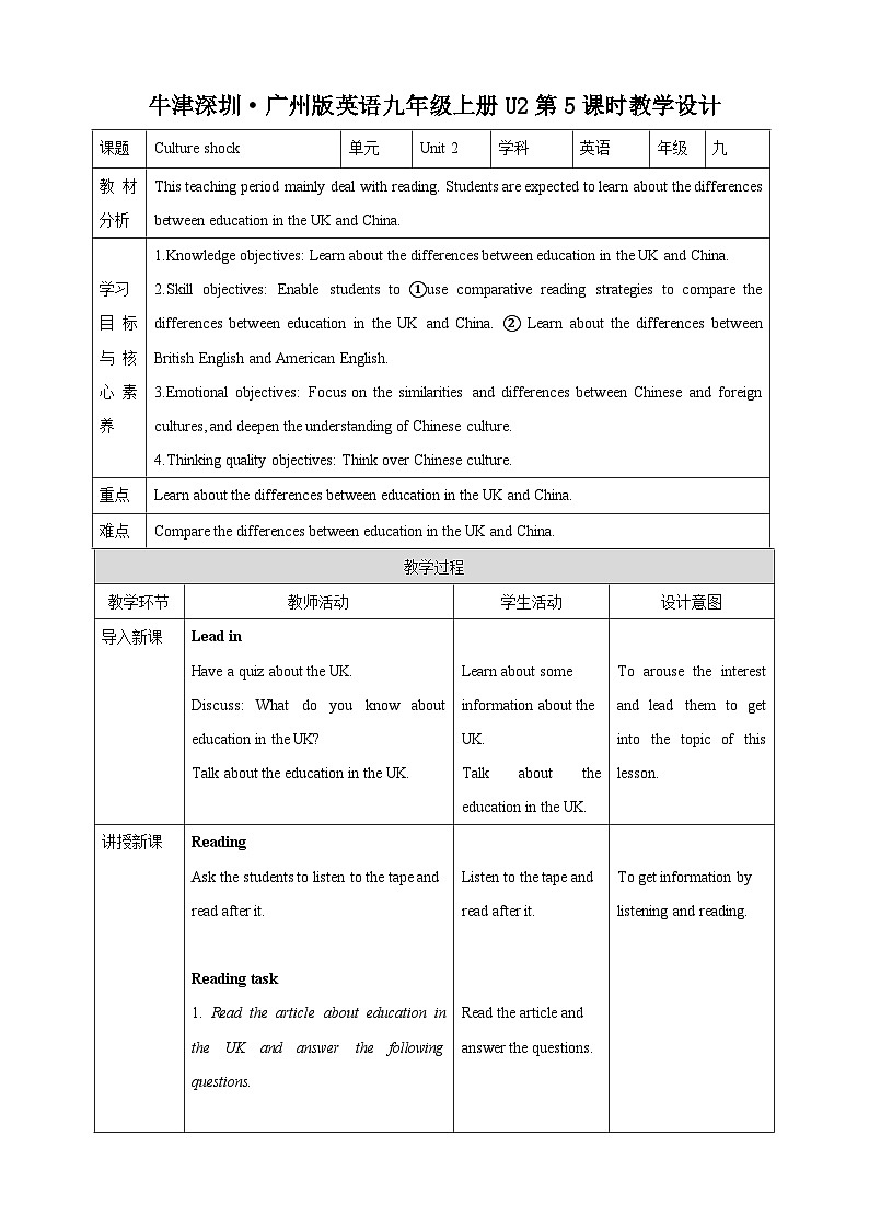 沪教牛津版(六三制)英语九下Unit 2 Culture shock 第5课时More practice, Culture corner & Project 教案第1页
