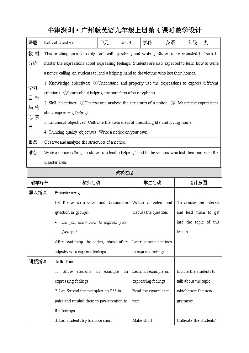 沪教牛津版(六三制)英语九下Unit 4 Natural disasters 第4课时Speaking & Writing教案第1页
