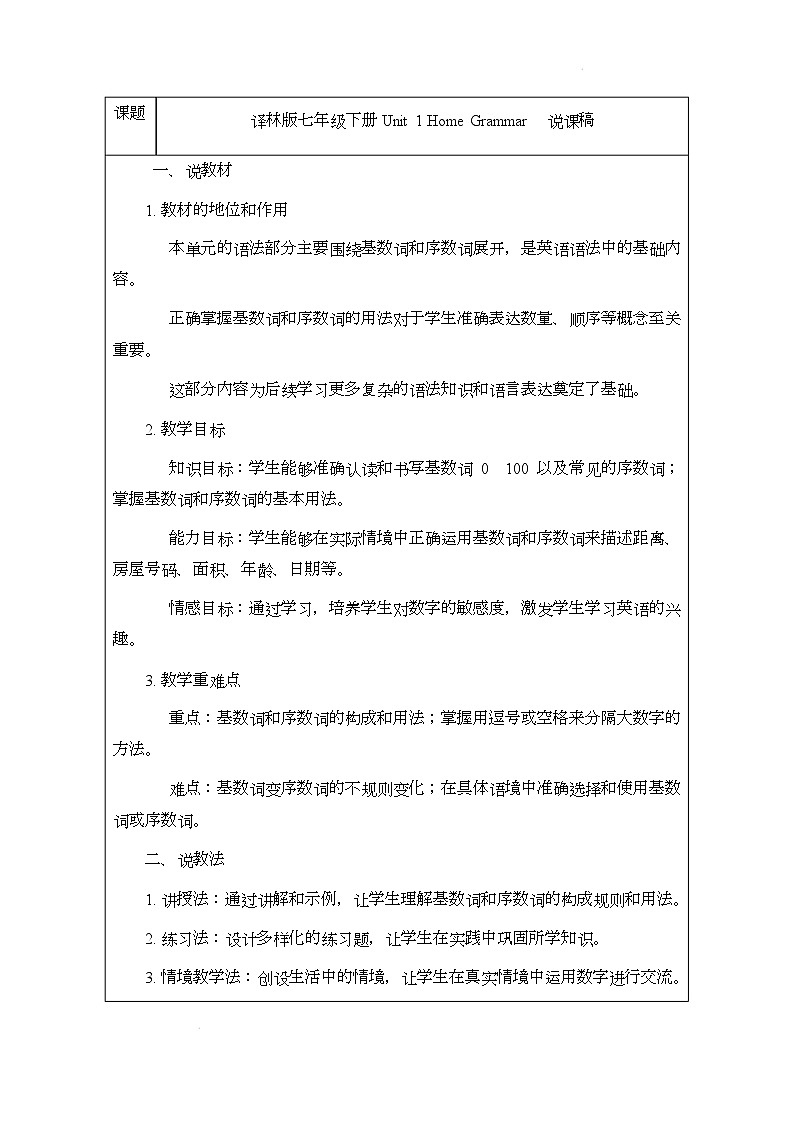 译林版(2024)初中英语七年级下册 Unit 1 Home Grammar说课稿第1页
