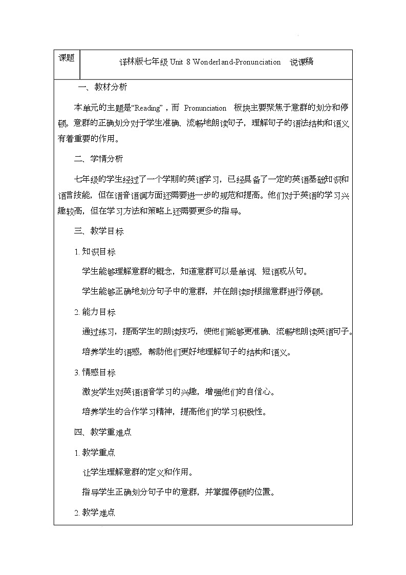 译林版(2024)初中英语七年级下册 Unit 8 WonderlandPronunciation说课稿第1页
