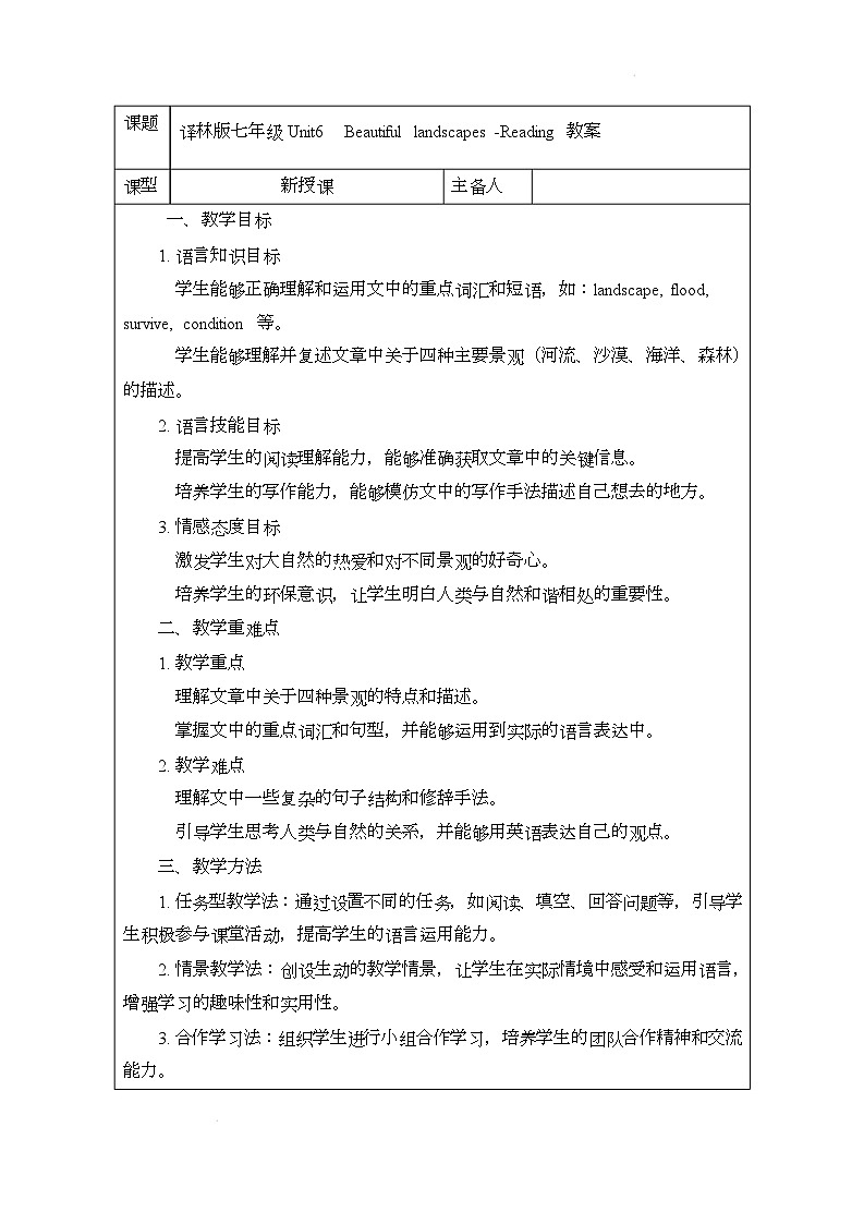 译林版(2024)初中英语七年级下册 Unit 6 Beautiful landscapes Reading 教案第1页