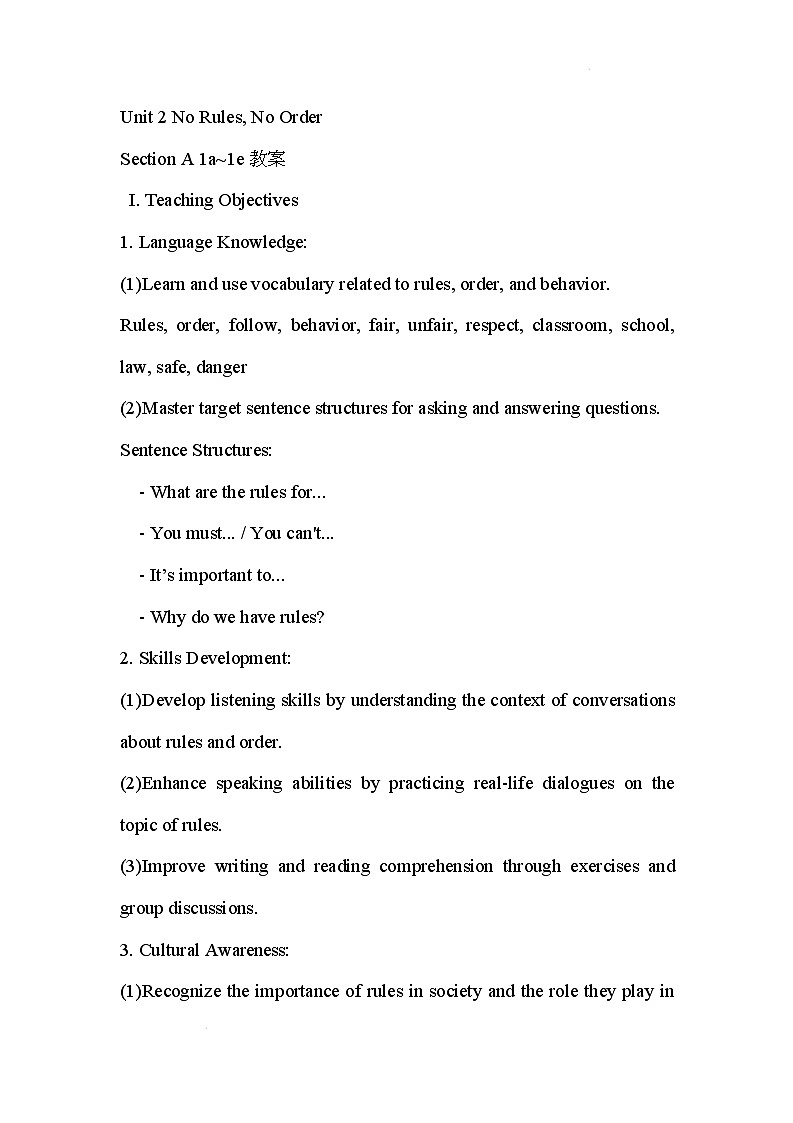新人教版英语七年级下册 Unit 2 No Rules, No Order Section A 1a~1e 教案第1页