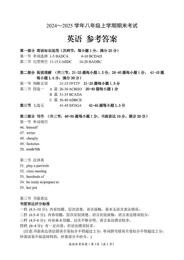 【03英语】昆明市西山区2024~2025 学年八年级上学期期末考试英语答案(pdf原卷)第1页