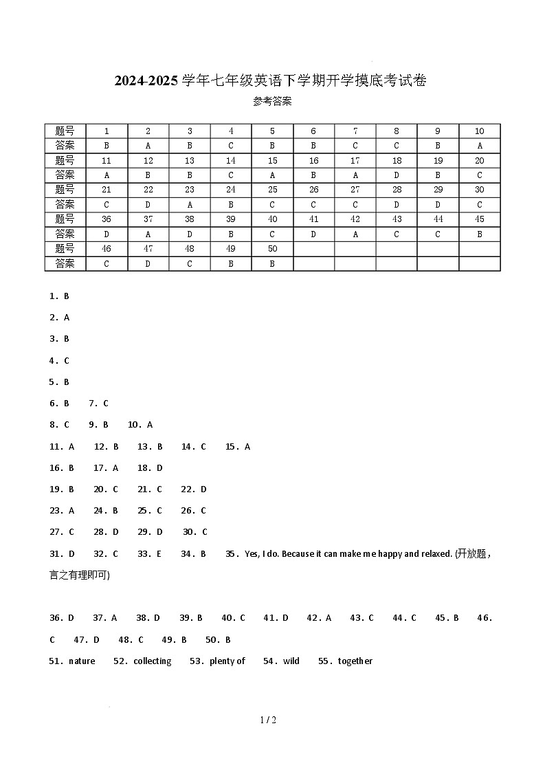 七年级英语开学摸底考(浙江专用)(参考答案)第1页