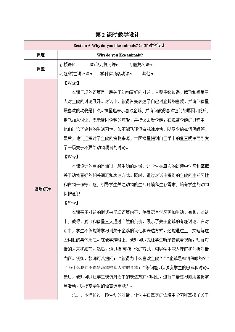人教版(2024)英语七年级下册 Unit 1 Animal Friends第二课时(Section A Pronunciation—2f)(教学设计)第1页