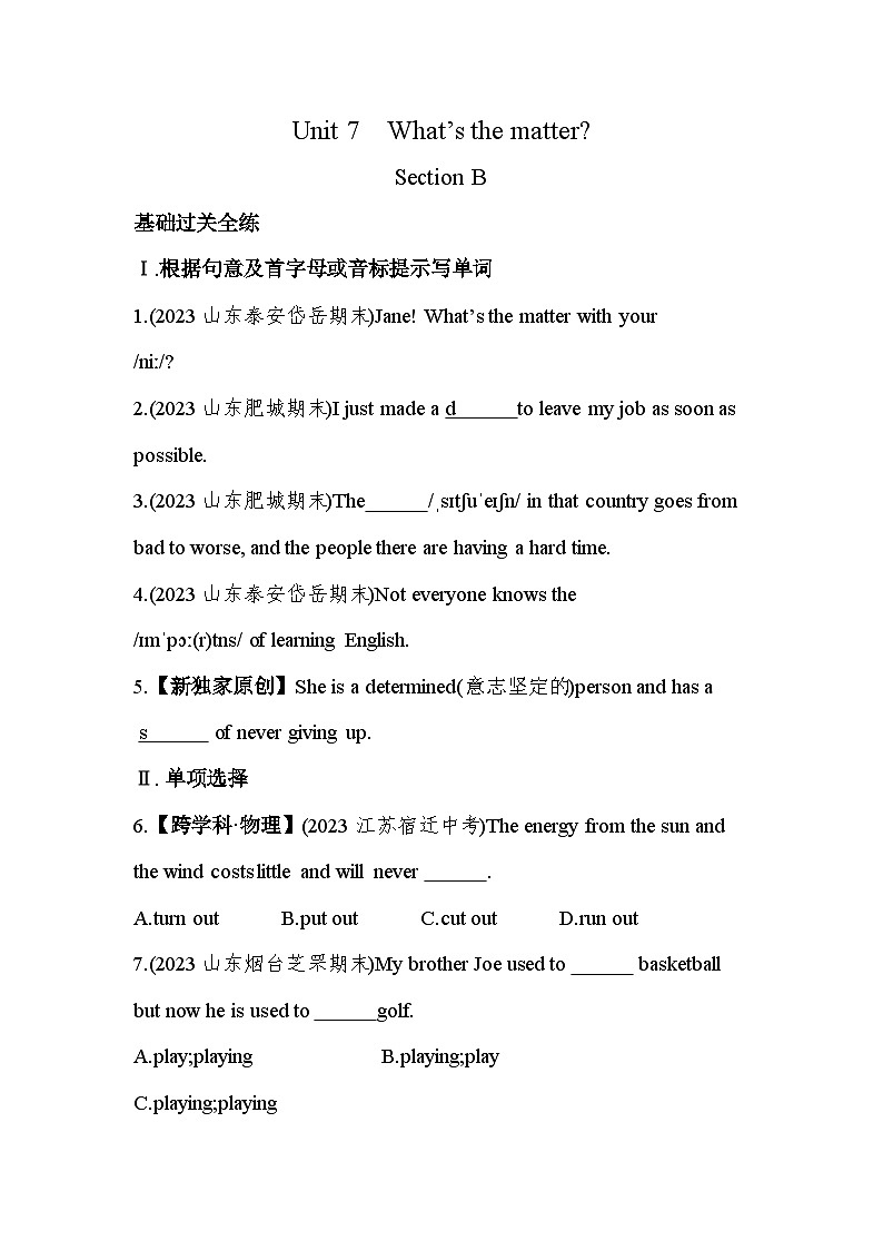 鲁教版英语七下Unit 7 What's the matter_ Section B素养提升练习(含解析)第1页