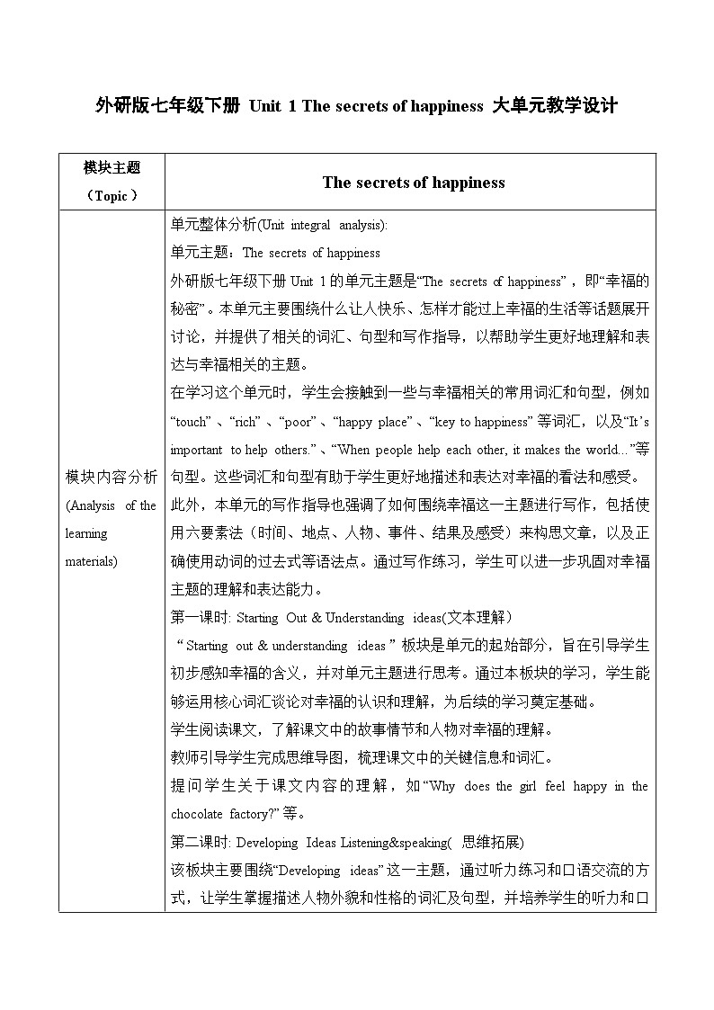 Unit 1The secrets of happiness大单元教学设计第三课时Developing ideas(Reading for writing)2025春新外研版七年级下册英语第1页