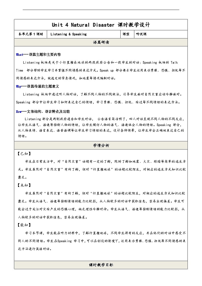 沪教牛津版(六三制)英语九下 Unit 4 《Natural disasters》第2课时Listening & speaking 教案第1页