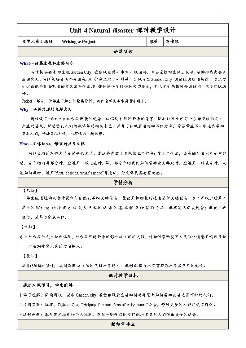 沪教牛津版(六三制)英语九下 Unit 4 《Natural disasters》第4课时Writing & project 教案第1页