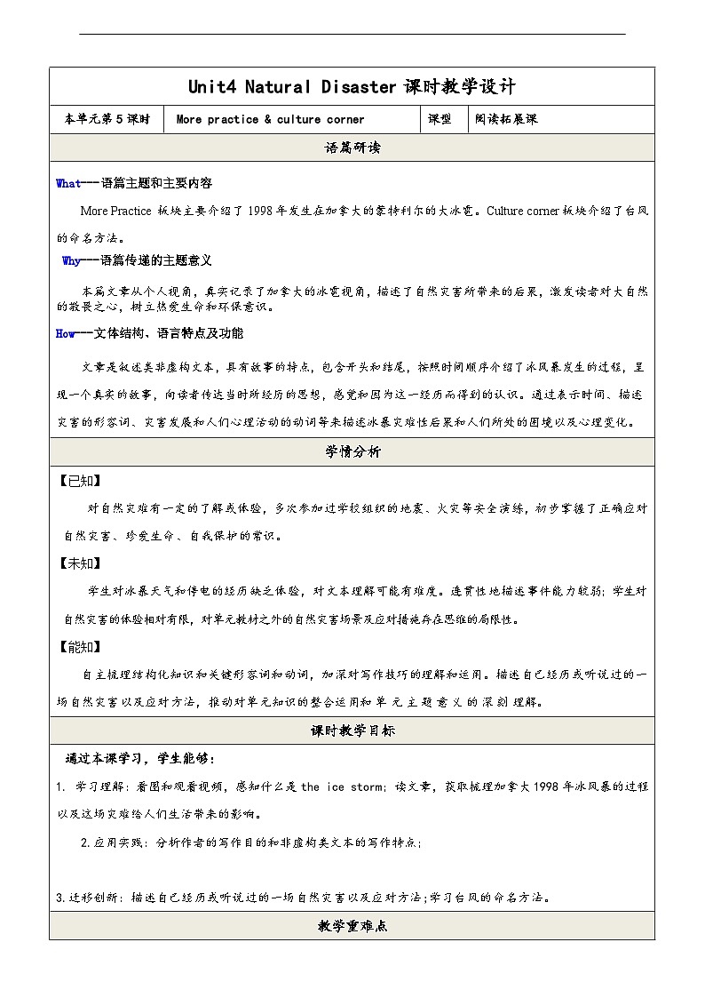 滬教牛津版（六三制）英語九下 Unit 4 《Natural disasters》第5課時(shí)Writing & project 教案第1頁