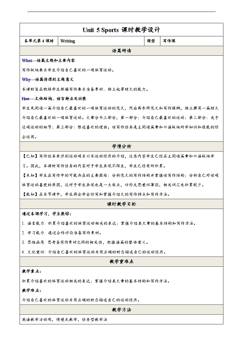 滬教牛津版（六三制）英語九下 Unit 5 《Sports 》第4課時(shí)Writing 教案第1頁