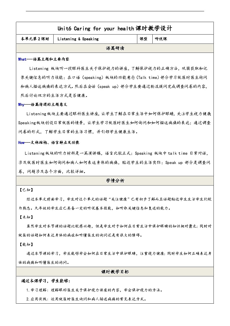 沪教牛津版(六三制)英语九下 Unit 6 《Caring for your health》第2课时Listening & speaking 教案第1页