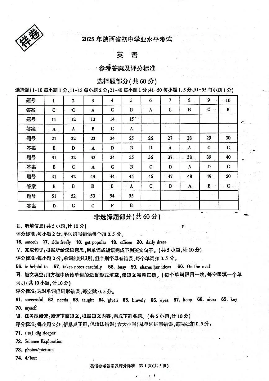 英语参考答案及评分标准第1页