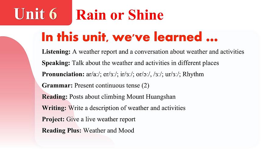 2024年人教版英語(yǔ)七年級(jí)(下) - Unit 6  Rain or Shine 單元復(fù)習(xí)課件第2頁(yè)
