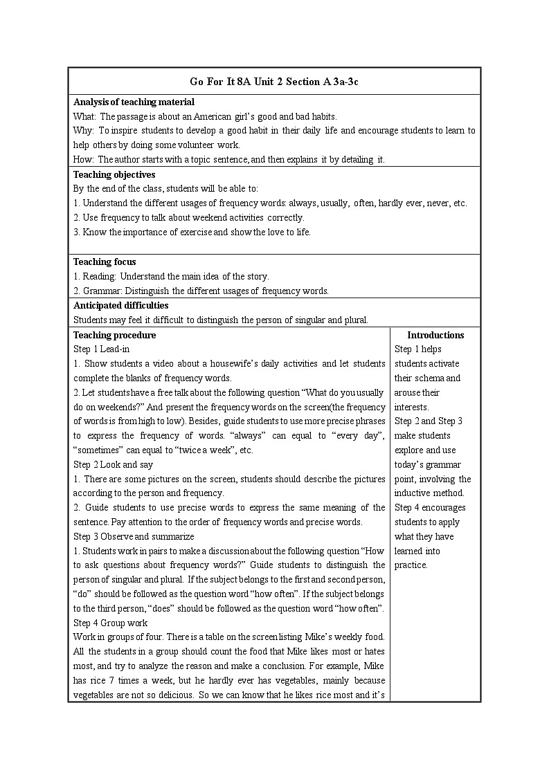Unit 3 Could you please clean your room Section A 3a-3c 教案(表格式) 人教版英语八年级下册第1页