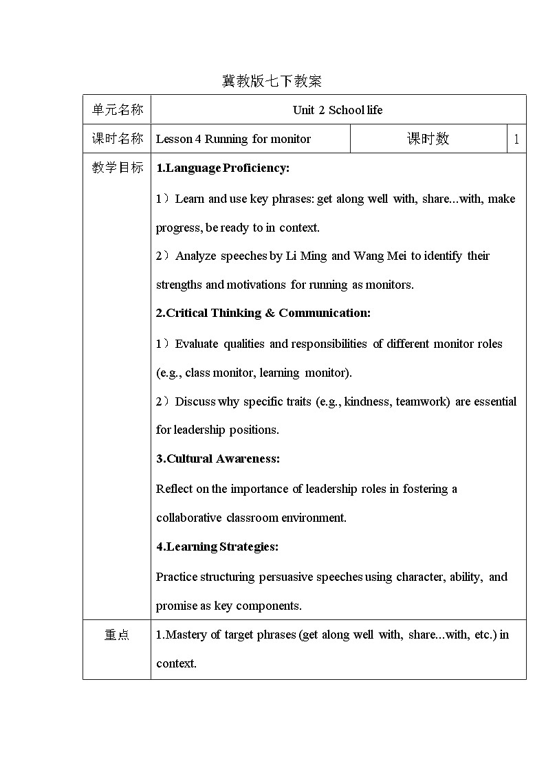 Unit2 Lesson 4 Running for monitor 教案第1页