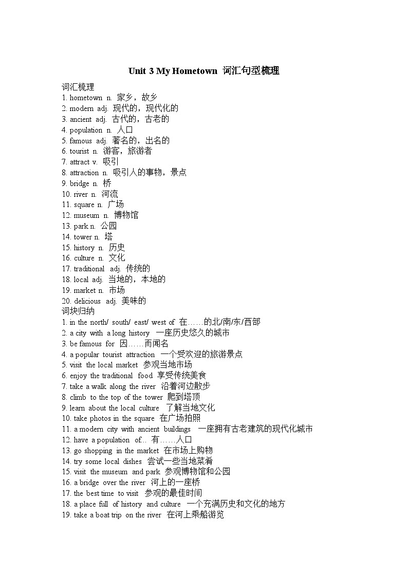 Unit 3 My hometown 词汇句型知识梳理第1页
