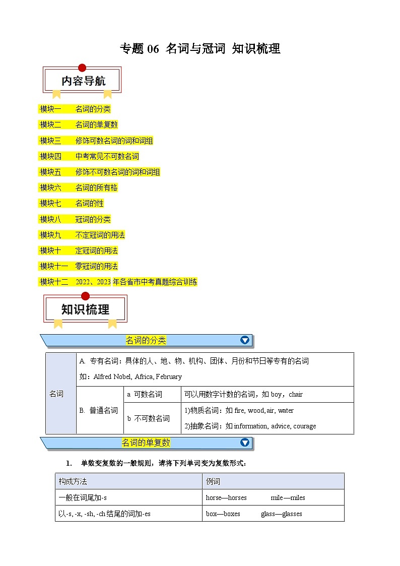中考英語(yǔ)一輪復(fù)習(xí)知識(shí)梳理鞏固練習(xí)專題06 名詞與冠詞（解析版）第1頁(yè)