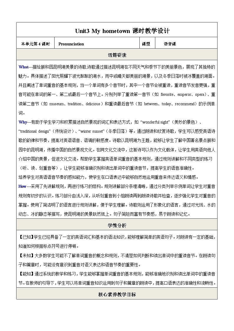 Unit3 My hometown 第4课时Pronunciation 教学设计-新译林七下第1页