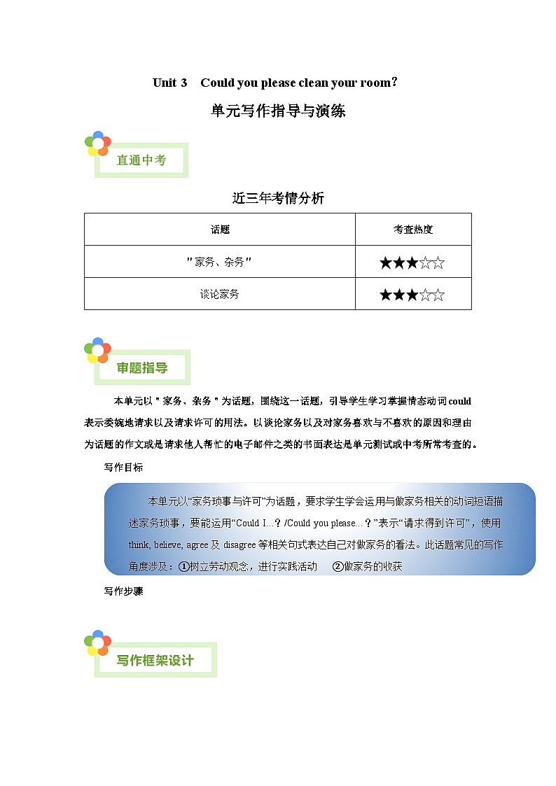 人教版英语八年级下册单元写作提升专练Unit 3 Could you please clean your room?(教师版)第1页