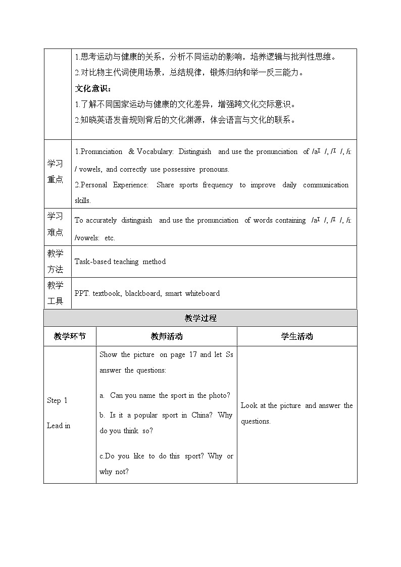 人教版(2024)七年级下册英语 Unit3 Keep Fit单元教学设计(共5课时)第2页