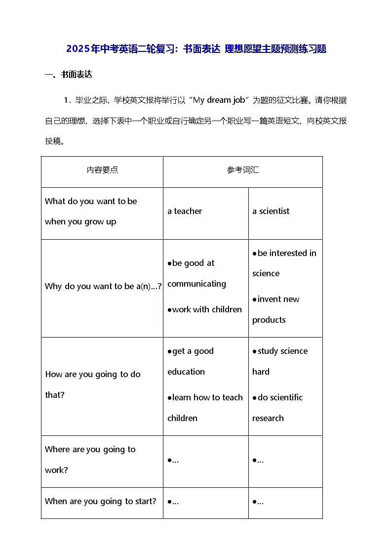 2025年中考英语二轮复习:书面表达 理想愿望主题预测练习题(含答案、范文)第1页